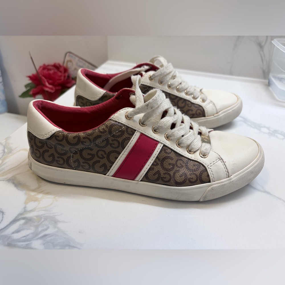 Guess Women's Sneakers with Pink and Brown Design